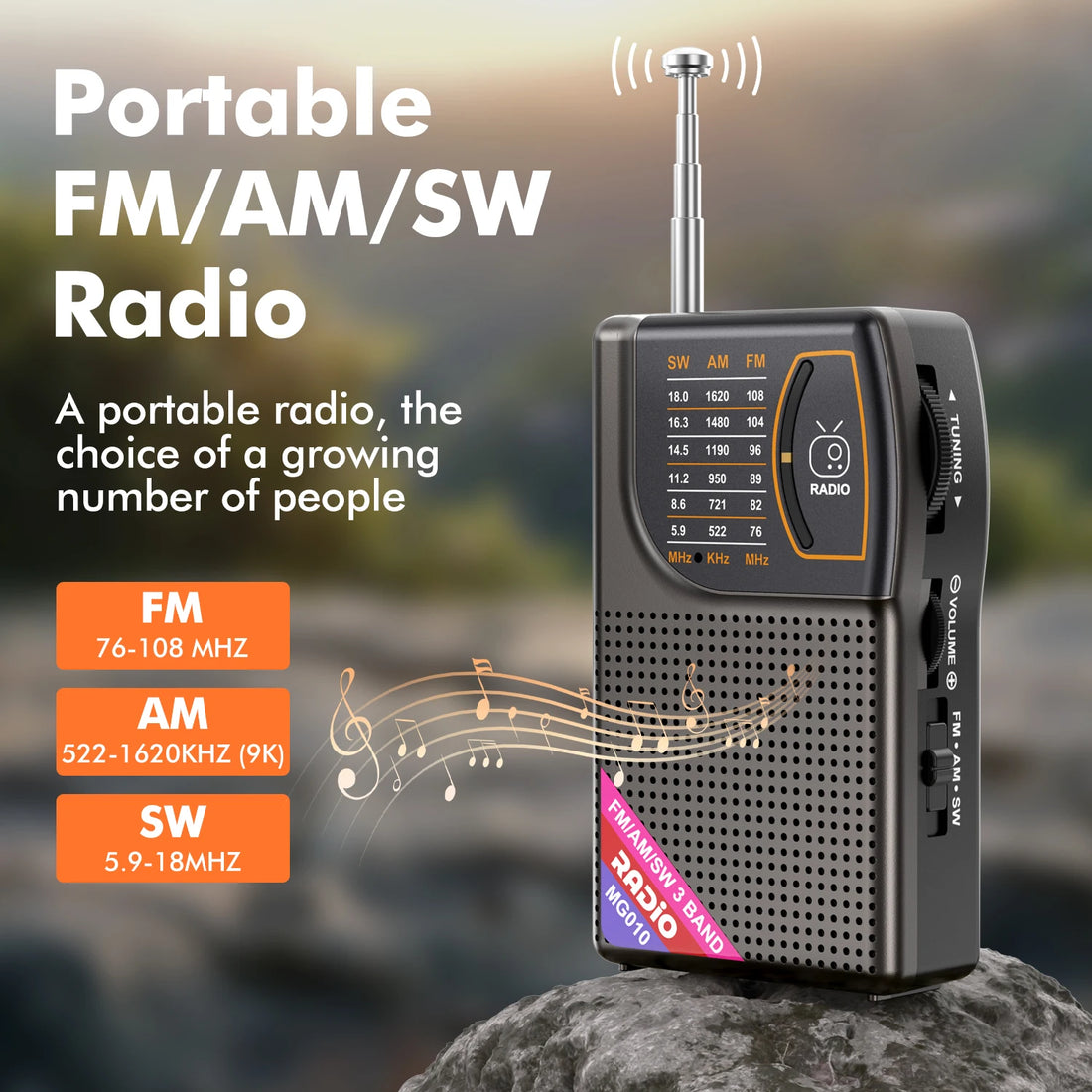 Portable AM/FM/SW Radio with Big Speaker &amp; Multiple Inputs (TYPE-C/USB/AUX). Compact Design, Superior Sound Quality.(BLACK)