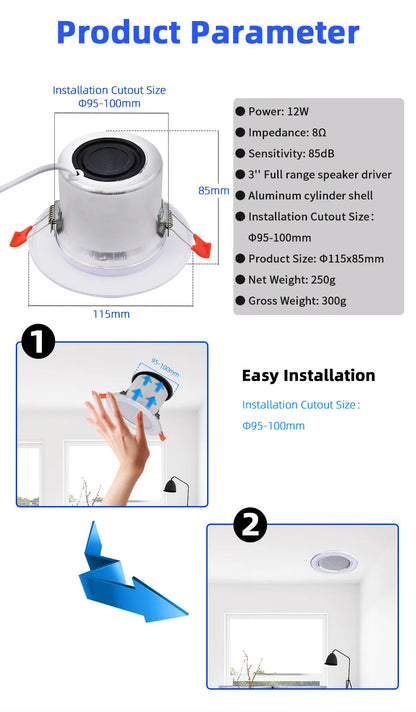 Mini Ceiling Speaker 12W HiFi Stereo Loudspeaker Home Theater Sound System Public Address Background Audio Bathroom Restaurant