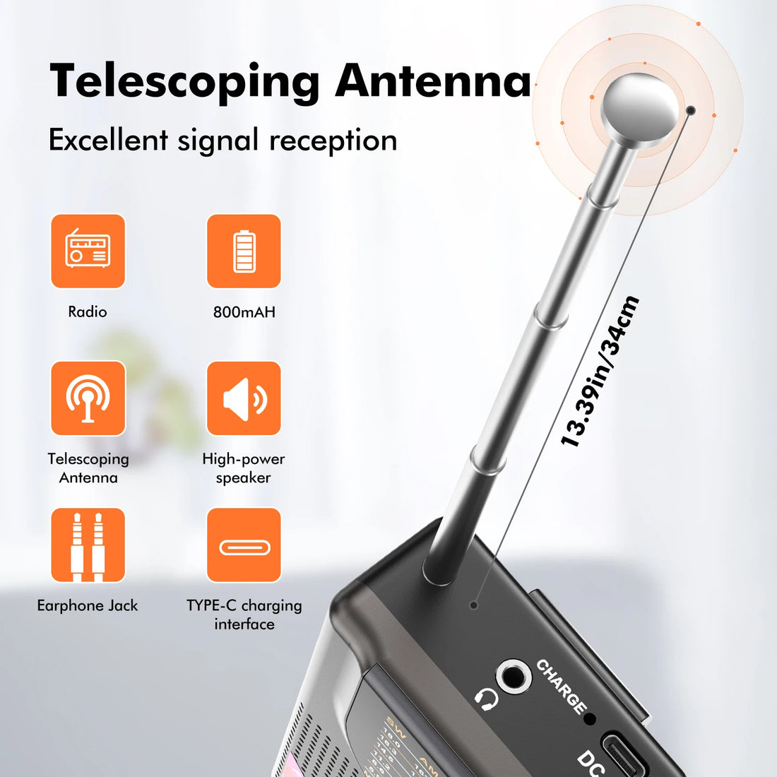 Portable AM/FM/SW Radio with Big Speaker &amp; Multiple Inputs (TYPE-C/USB/AUX). Compact Design, Superior Sound Quality.(BLACK)