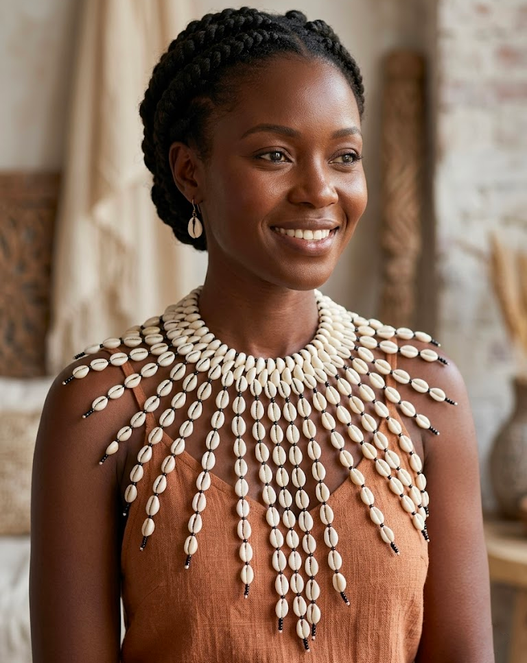 Collier de Cauris Africain - Parure Artisanale Tissée à la Main